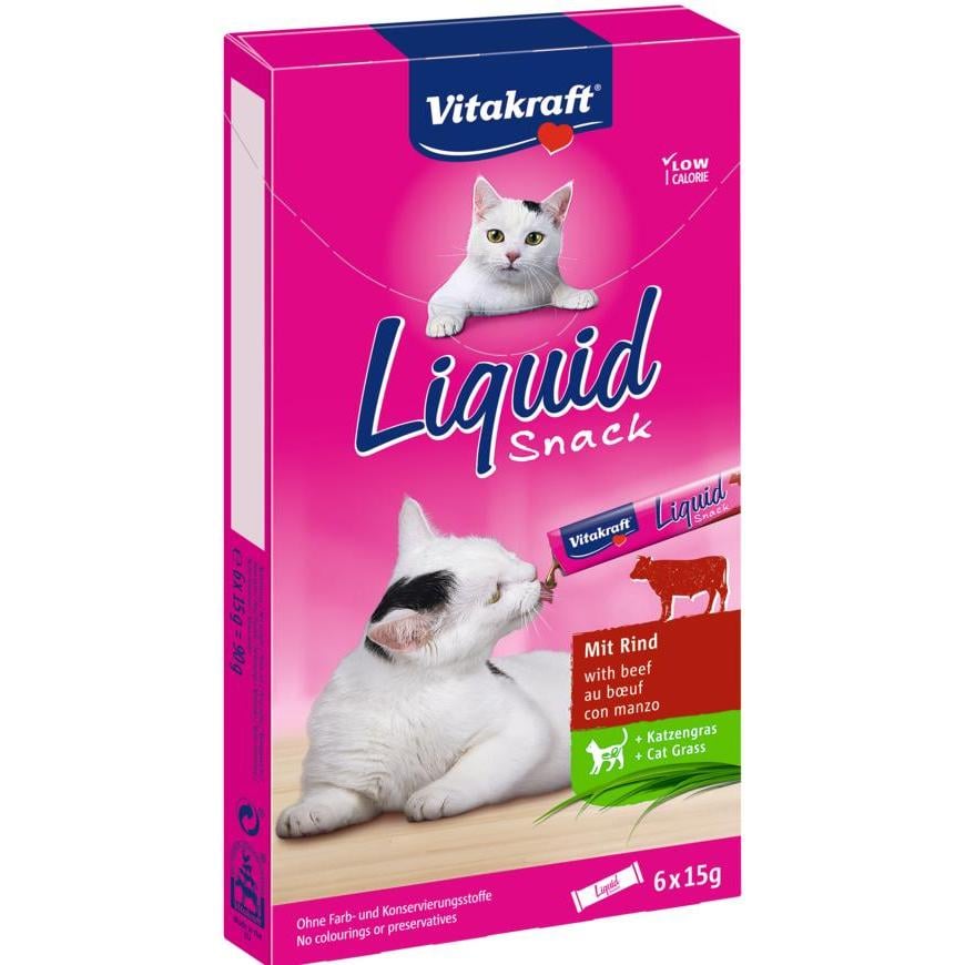 Snack Para Gatos adultos liquid vitakraft ternera inulina 6 uds 23521 merienda con carne de res y hierba 1 paquete bolsas 15 gr total 90 24x15g 6uds