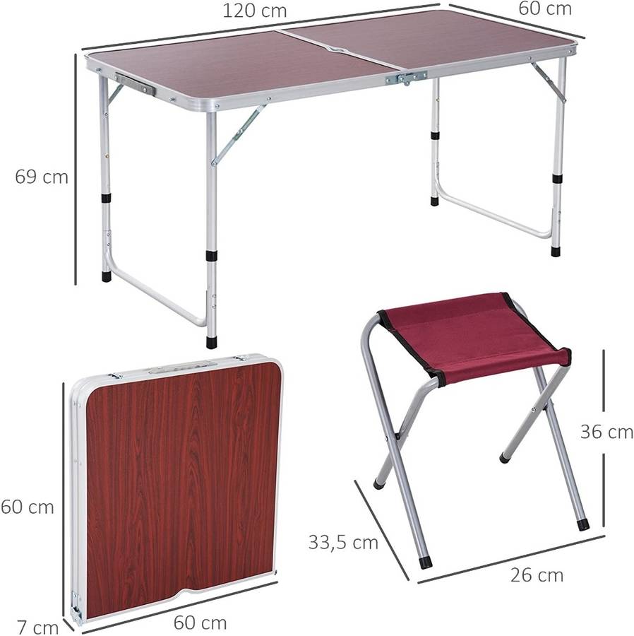 Outsunny Mesa Maleta de aluminio 4 taburete plegable para acampada picnic terraza conjunto muebles exterior 84b224 120x60x69cm