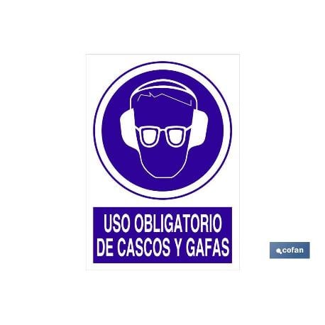 Señal adhesivo 297x210mm. uso obligatorio de cascos y gafas