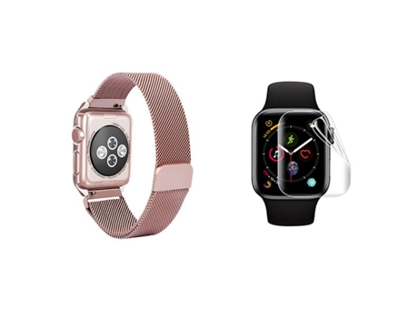 Kit De Correa Milanesa Con Cierre Magnético Película De Gel De Cubierta Completa Para Apple Watch Series 9 - 41 Mm - Rosa