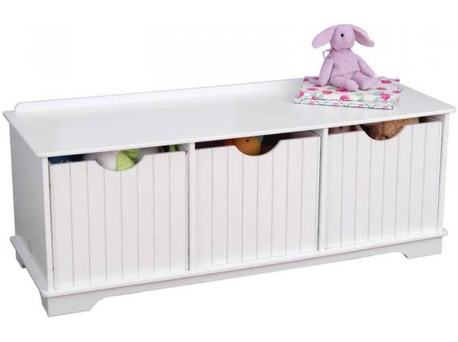 Kidkraft Nantucket Banco de madera 3 cajonescontenedorescestas almacenamiento muebles dormitorio para niños blanco 100 x 36 39