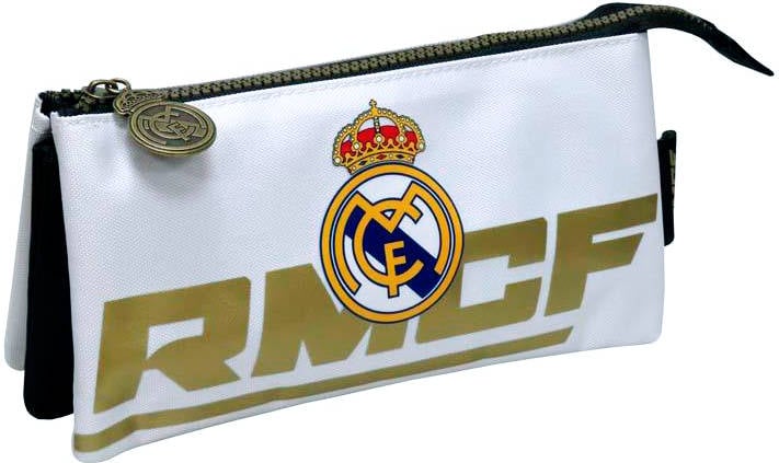 Real Madrid Estuche portatodo triple con cremallera colores del equipo producto oficial jumbo soft cyp brands blanco 22x11x4cm