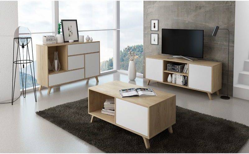 Aparador Skraut Home buffetwindpuccbla blanco melamina 120x40x86 cm para o comedor 86 120 40 con 1 puerta 3 cajones modelo wind madera resistente acabado robleblanco mueble 120x40x86cm.