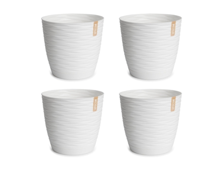 Set de 4 Macetas Decorativas Redondas 15 cm con Platos Integrados. Blanco ARECA