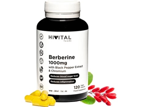 Complemento Alimentar Hivital berberina 120 veganas 1000 mg cromo y pimienta negra para una mejor el extracto concentrado de berberis vulgaris fabricado en