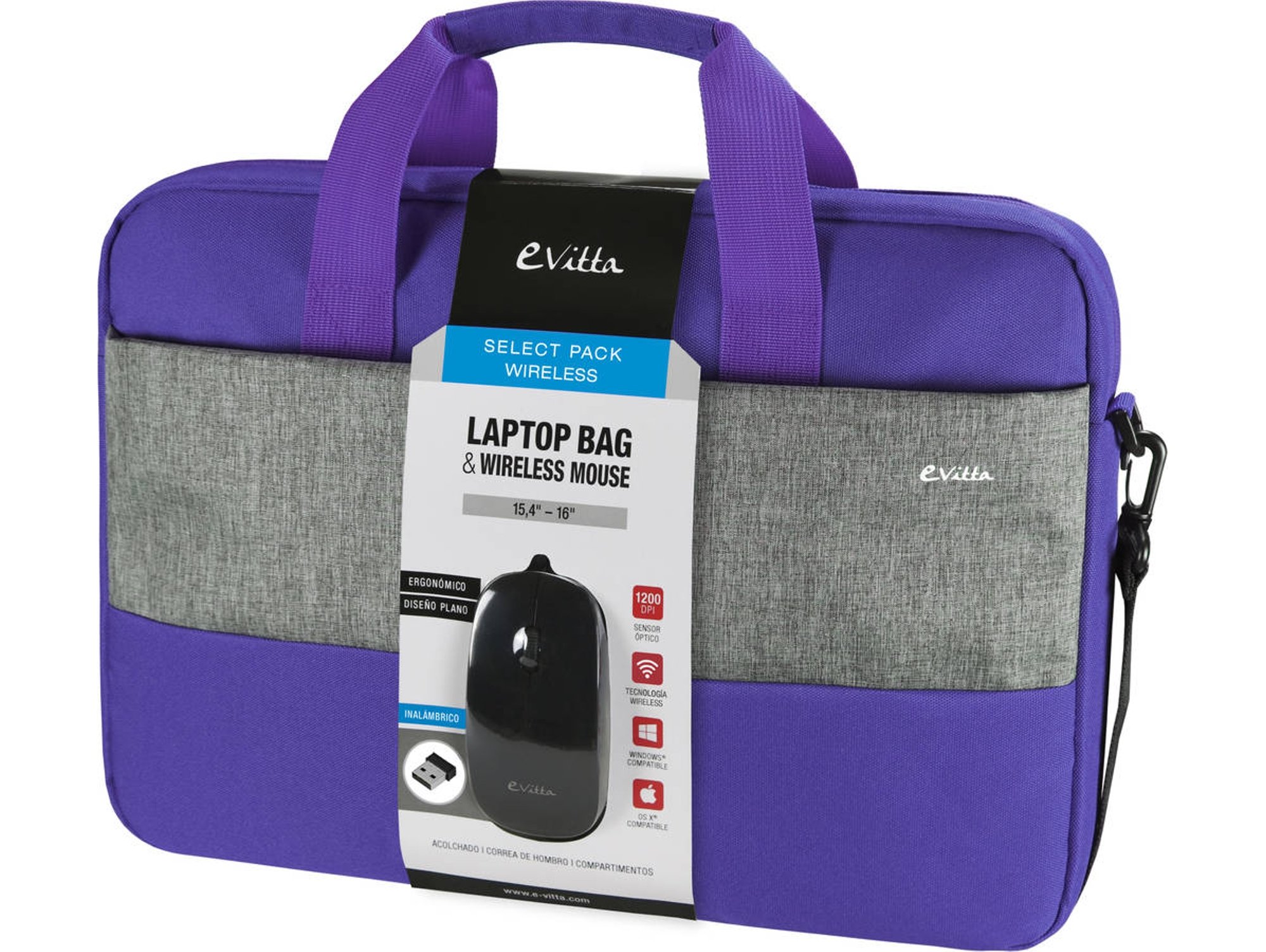 Raton Evitta Select pack purple para portatiles 15.416 1200 dpi hasta 39.140.6 16 con morado y gris wireless looker pc 15.6