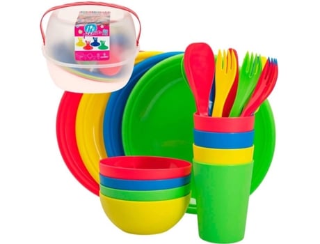 Aktive Set Menaje picnic camping para 4 personas tartera comida trabajo asa cubiertos platos tazas ensaladeras vasos duro reutilizable vajilla max home conjuntos