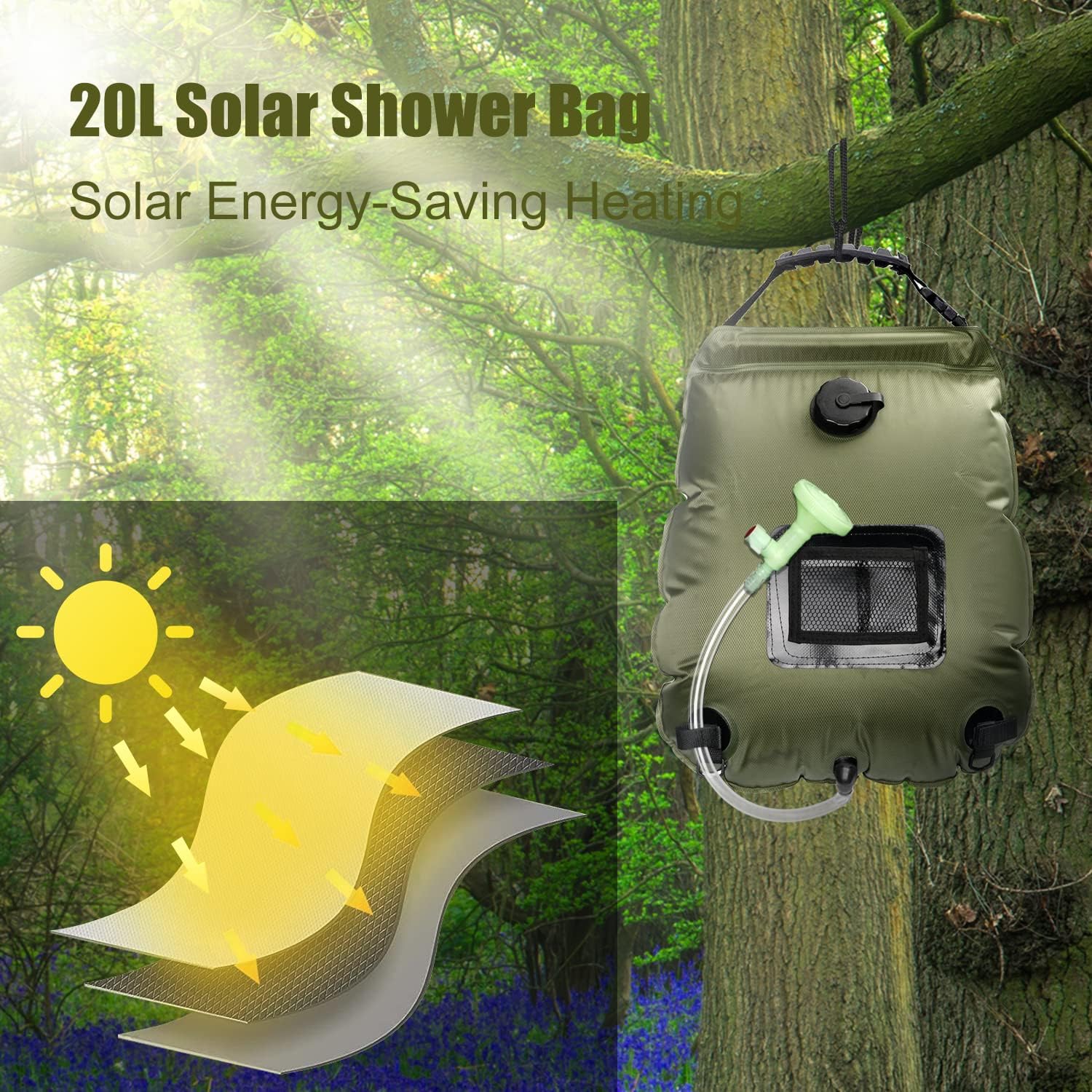 Bolsa de ducha solar Mimigo, bolsa de ducha portátil de campamento de viaje  con calefacción solar de 20l agua caliente con manguera extraíble de 45c  Encendido / apagado Cabezal de ducha conmutable