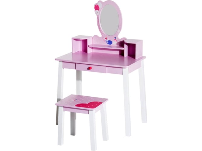 Homcom Tocador Infantil con taburete y espejo tipo princesa mesita de maquillaje madera rosa juguete para niñas 60x34x93 350014