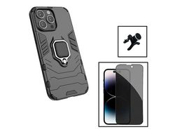 PHONECARE Kit de Protector de Pantalla Anti-Espía Carcasa Military Soporte de Auto Extra Firme para Apple iPhone 15 Pro Max - Negro