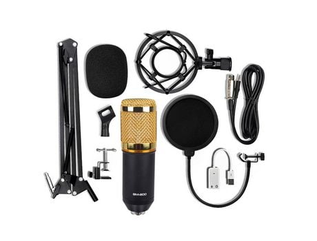 BM-800 Micrófono de Condensador Juego de Soporte de Tarjeta de Sonido USB para Radio Braodcasting Grabación de Canto (Negro) negrodorado