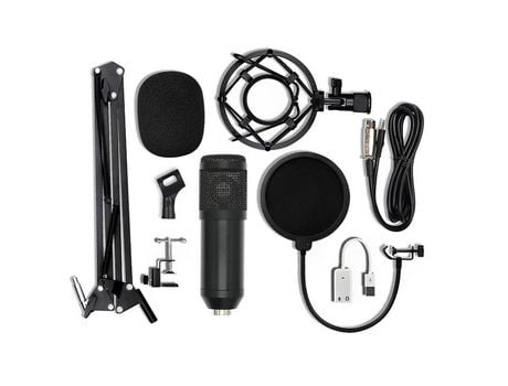 BM-800 Micrófono de Condensador Juego de Soporte de Tarjeta de Sonido USB para Radio Braodcasting Grabación de Canto (Negro) negro