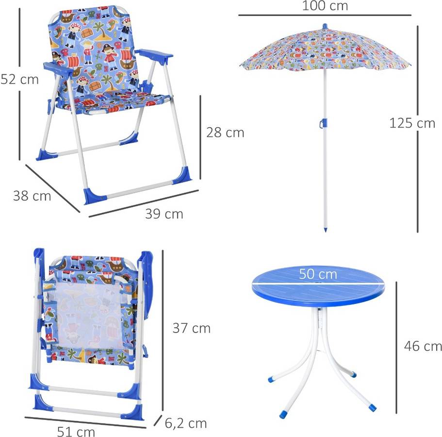 Outsunny Set De mesa y sillas exterior infantil conjunto picnic plegable para juego sombrilla ajustable 100125 cm uv azul mueble niño 50x50x46 100x100125