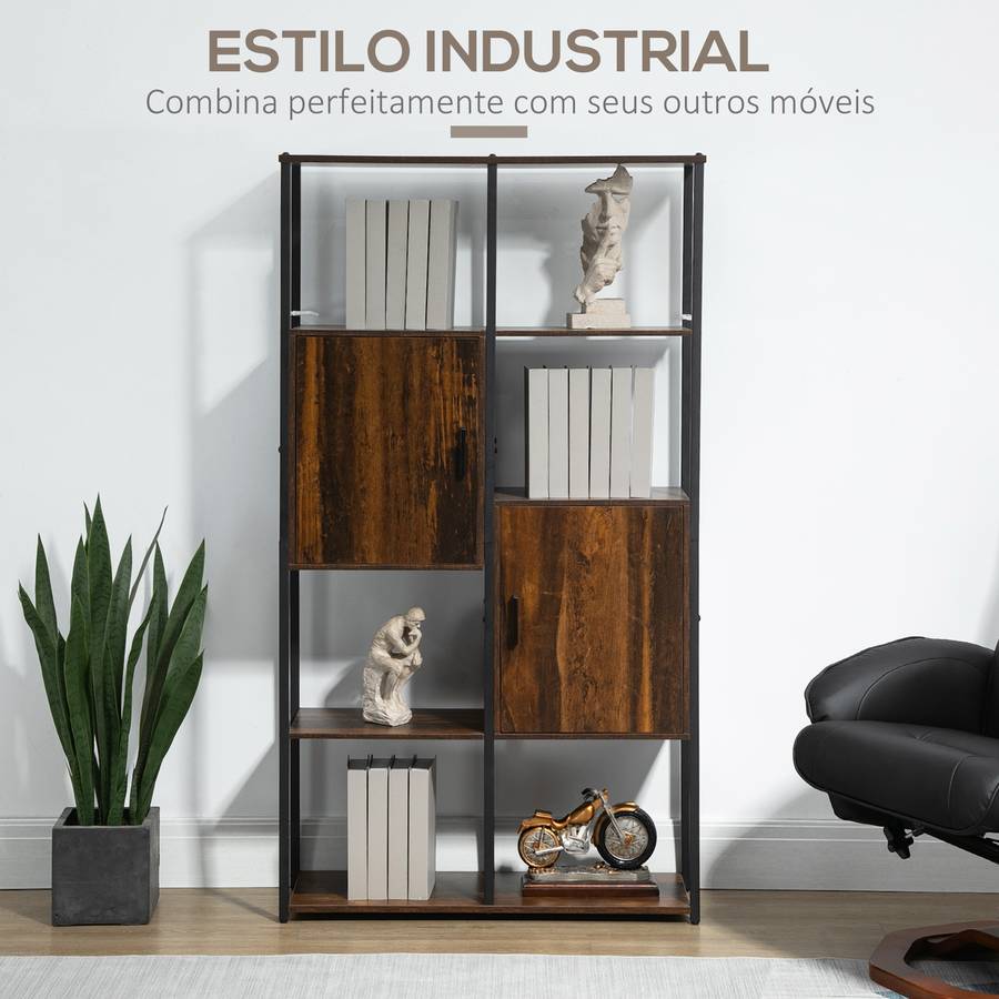 Homcom Estantería Librería industrial de 4 niveles madera con 6 compartimentos y 2 armarios para oficina estudio antivuelco 90x30x1595