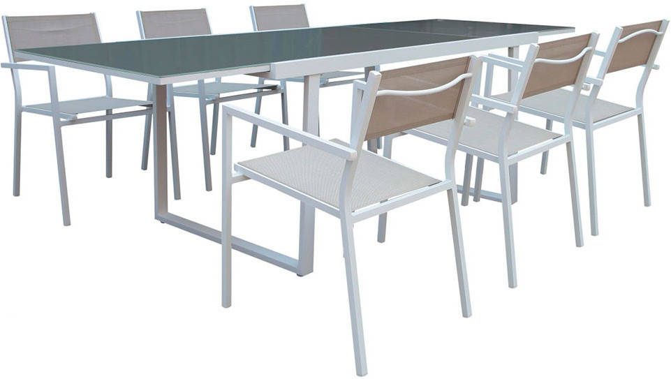 Conjunto De Mesa extensible y 6 sillas con brazos sicilia gh91 rectangular cristal templado resina cenar exterior garden house garage 91 blanco 160240x90x75 cm aluminio