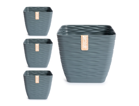 Set de 4 Macetas Decorativas Cuadradas 19 cm con Platos Integrados. Gris ARECA