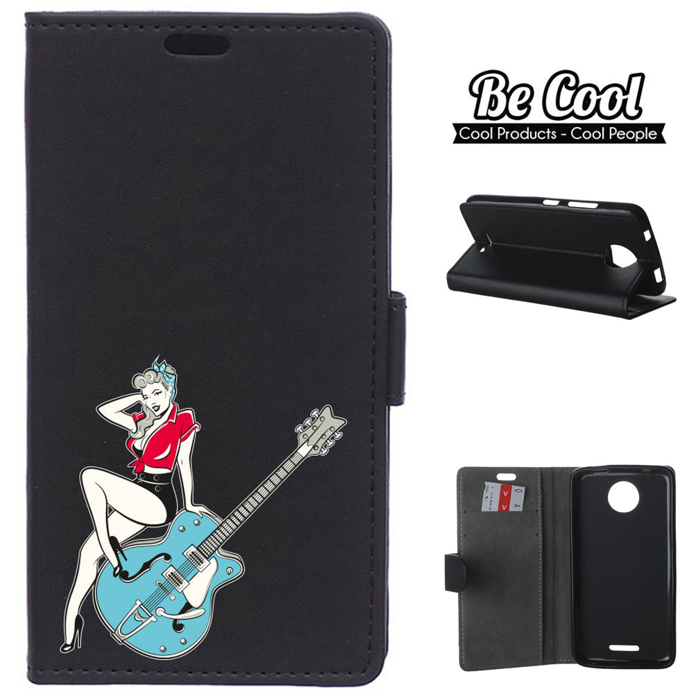 Becool Funda Libro para motorola plus carcasa con función soporte ranuras tarjetes y billetes diseño chica up guitarra pinup multicolor