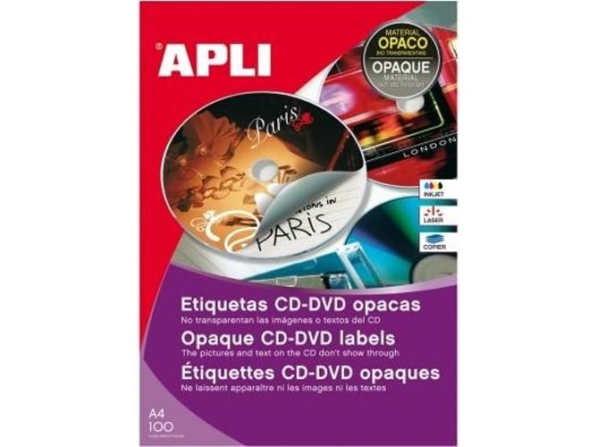 Caja Etiquetas Cddvd mega con dorso opaco que evita vea la serigrafia del a4 ext 114 int 41mm cien hojas apli 10166etiquetas permanentes 100