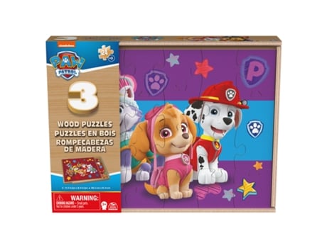 Puzzle SPIN MASTER Games PAW Patrol, Paquete de 3 rompecabezas de madera, Rompecabezas para niños de 24 piezas con caja de almacenamiento de madera...