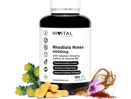 Complemento Alimentar Hivital rhodiola rosea 180 cápsulas veganas 4000 mg. para 6 meses. previene ansiedad y el reduce cansancio fatiga. con extractos de rodiola ginseng siberiano b6