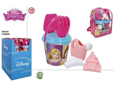 Disney Mochila Set cubo de playa completo pala rastrillo cedazo regadera moldes juguetes 1 año princess caccesorios y transporte diseño surtido con pack colorbaby 10