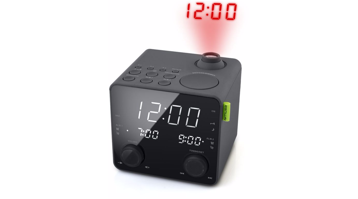 Muse M189 Reloj digital pantalla led frecuencia 5060 hz entrada ac 100 240 v color negro radio despertador m189p fm pilas y corriente alarma doble snooze proyeccin la