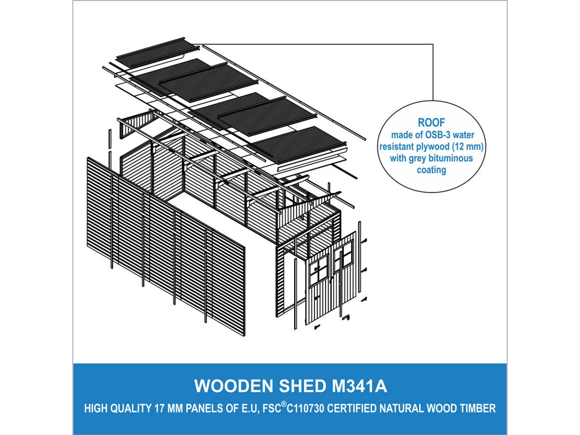 Caseta de Jardín de Madera TIMBELA M341A con Ventanas (10 M² - 244 x 514 x  218 cm)