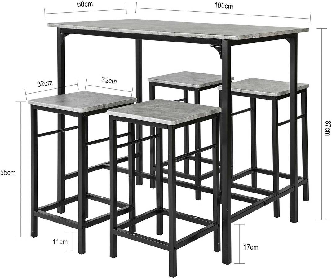 Sobuy Set Mesa alta de bar y 4 taburetes estilo industrial ogt11hges sillas conjunto comedor gris negro mdf metal 100x60x87