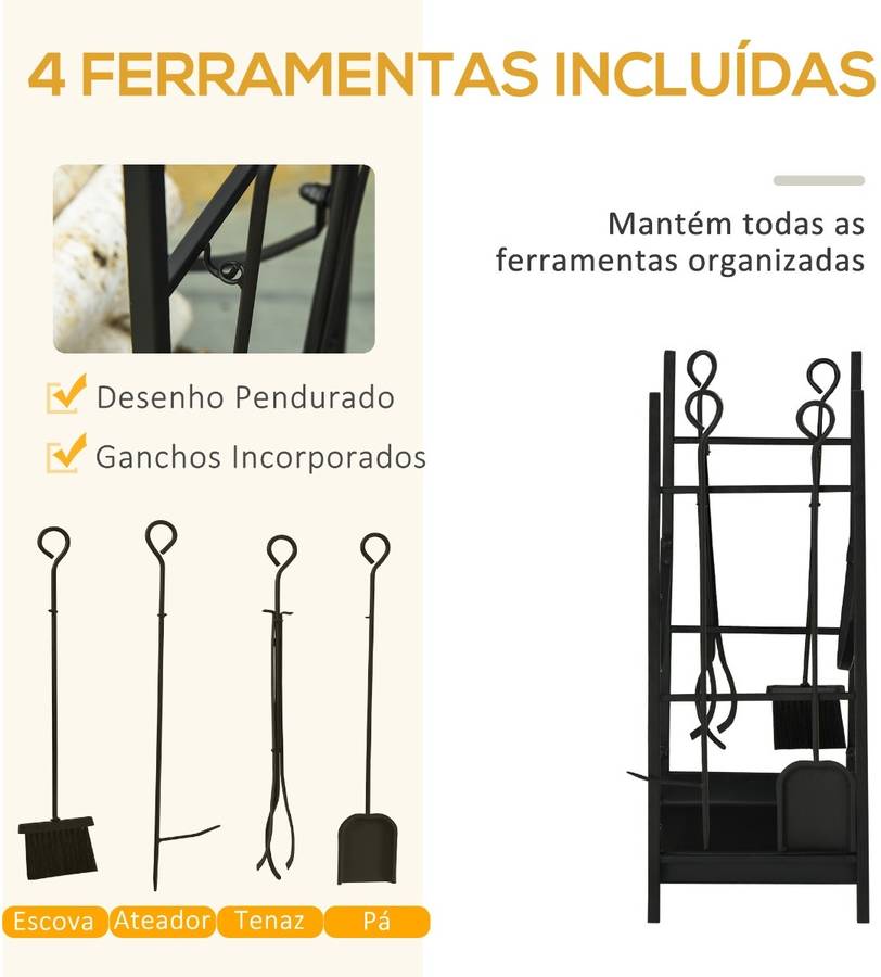 Estante De Para chimenea 445x295x73 soporte 2 niveles leñero exterior interior con 4 herramientas carga 70 kg set max 70kg 44.5x29.5x73