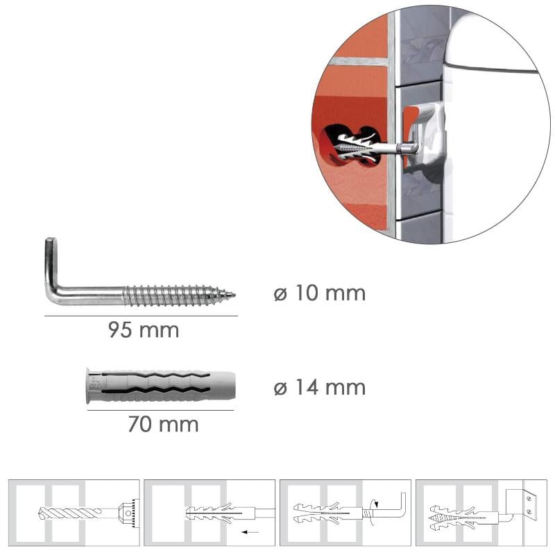 Kit sanitario alcayata con taco ø 14 x 70 mm. fijación calentadores / termos de agua