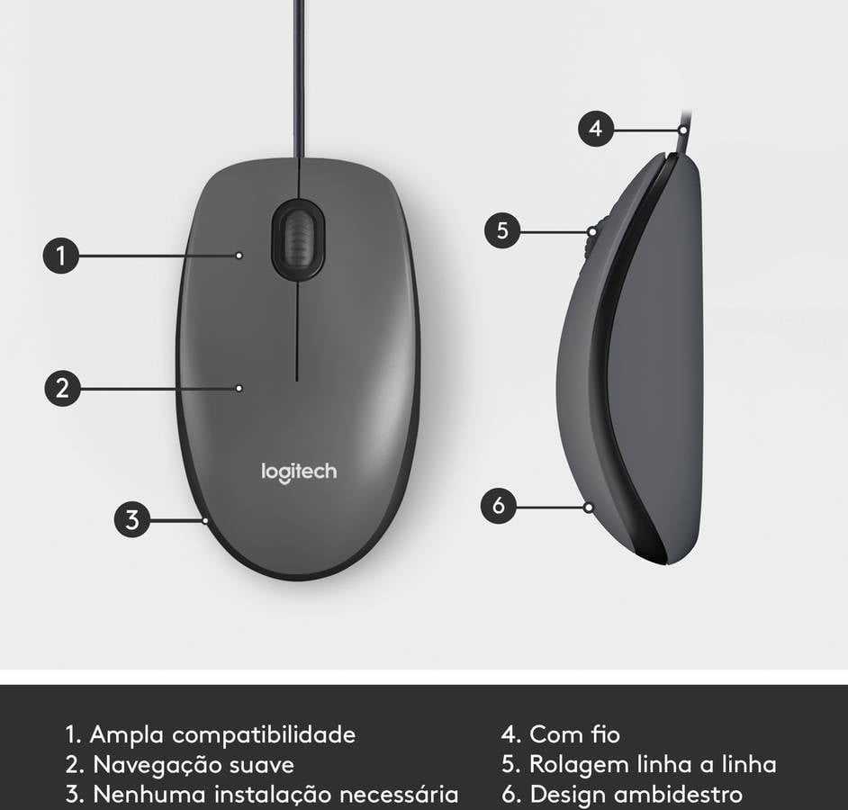 Ratón LOGITECH M100 (Cable USB - Casual - 1000 dpi - Gris)