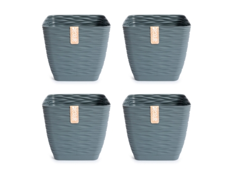 Set de 4 Macetas Decorativas Cuadradas 15 cm con Platos Integrados. Gris ARECA