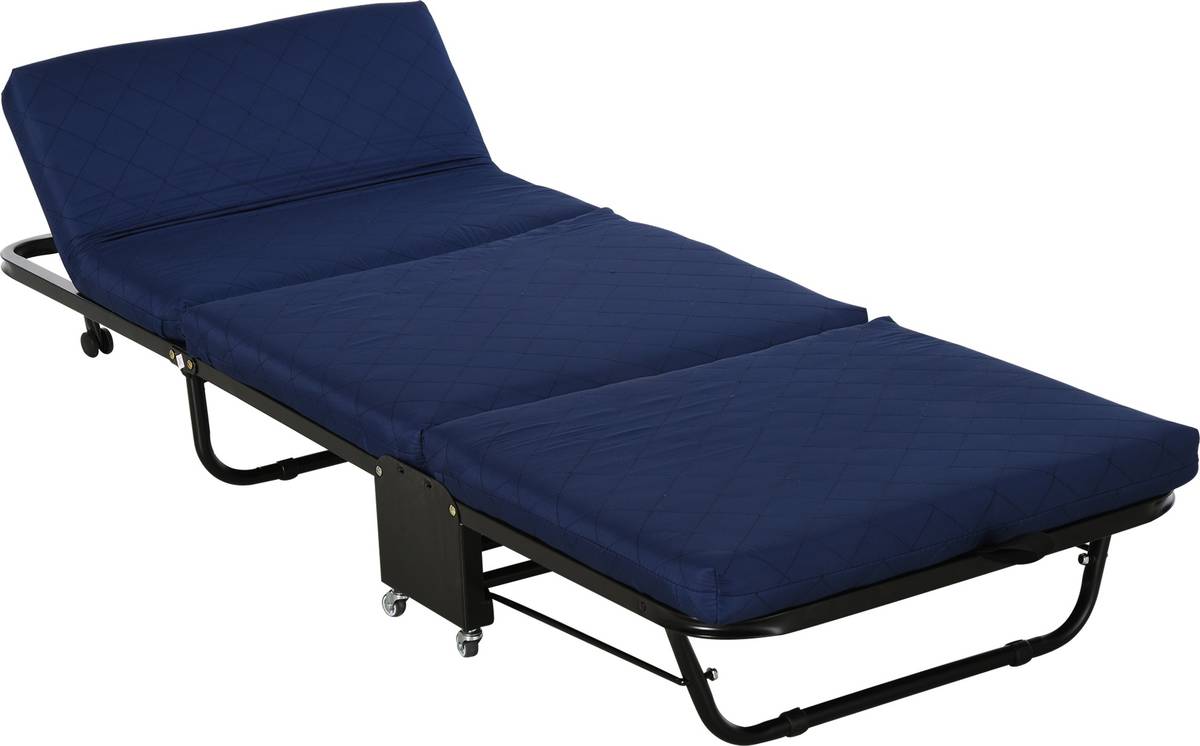 Homcom Plegable De camping ahorro espacio con cabecera ajustable en 5 niveles ruedas univer azul 184x65x26 cm metal y esponja 184x65x26cm colchón184x65x26