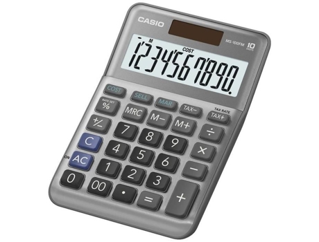 Calculadora de escritorio gris CASIO Ms-100Fm Pantalla de 10 dígitos Funciona con batería y energía solar 101 x 148,5 x 27,6 mm