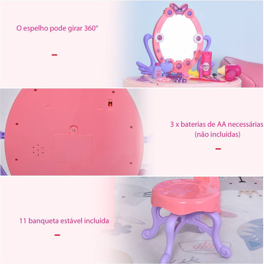 Homcom Tocador De juguete con y luces infantil para niños +3 años 29 piezas taburete centro belleza 495x2 3 76x48x1235cm