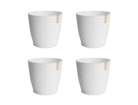 Set de 4 Macetas Decorativas Redondas 13 cm con Platos Integrados. Blanco ARECA