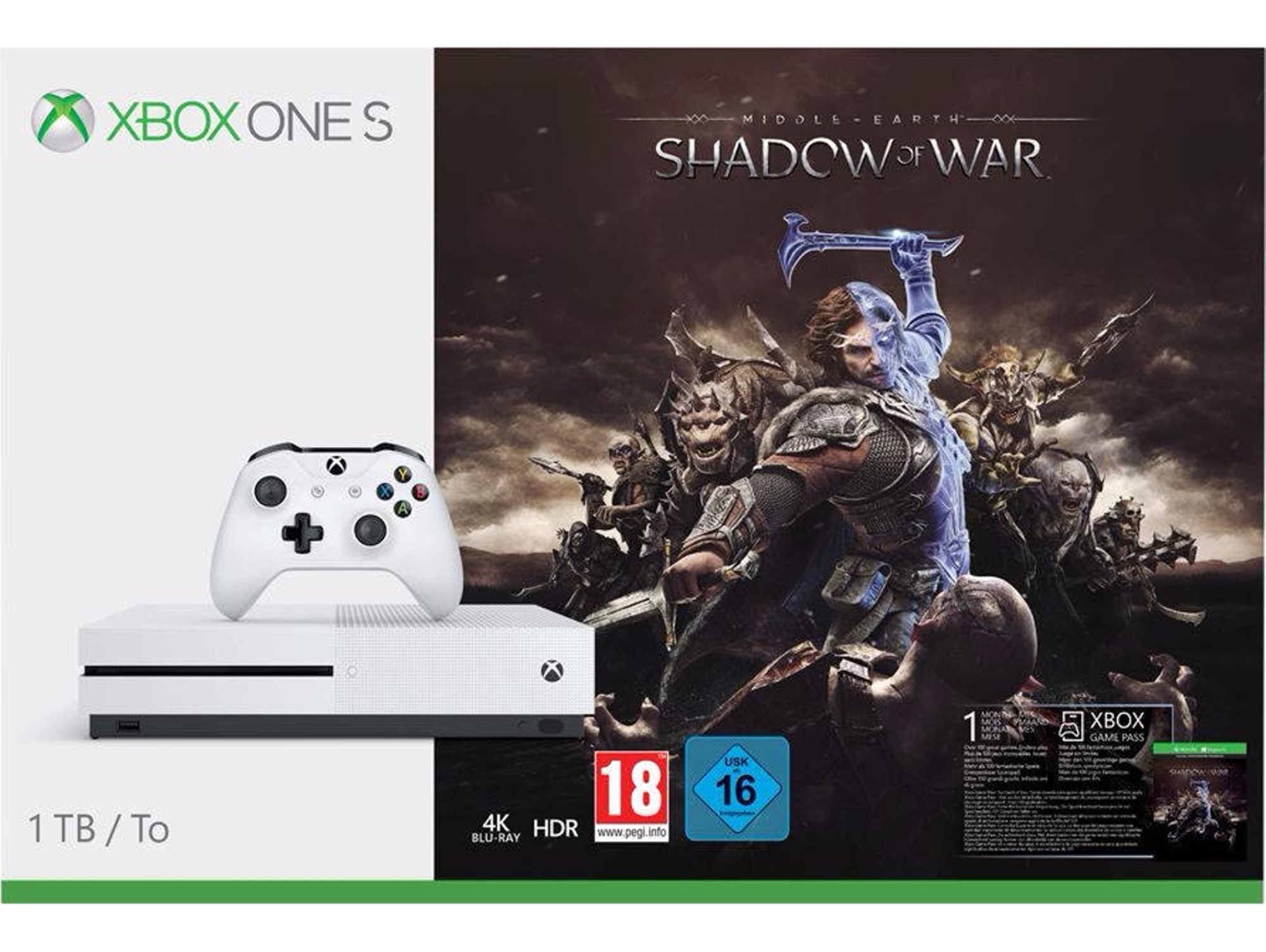 Consola Xbox One S MICROSOFT 1 Tb + Juego Shadow Of War