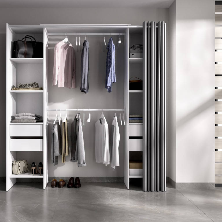 Rimobel Vestidor Aluminio blanco 1.79p. 2.05w 0.5h metros 4 cajones y cortina suit ropero dkit 03k1398664 madera contrachapada metal 203x180x50