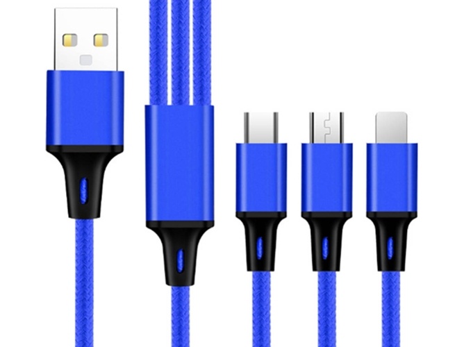 Cable WJS 3 en 1 (Lightning - USB-C - MicroUSB - 11 cm - Azul)