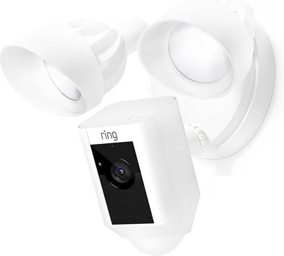 Ring Floodlight Cam seguridad hd con focos integrados comunicación bidireccional y alarma sonora incluye una prueba 30 gratis del plan protect ip exterior blanco