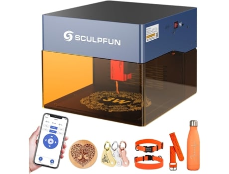 SCULPFUN iCube 3W Máquina de grabado láser, enfoque láser de 0,02 mm, con filtro de humo y alarma de temperatura, grabado portátil 1000 mm/min