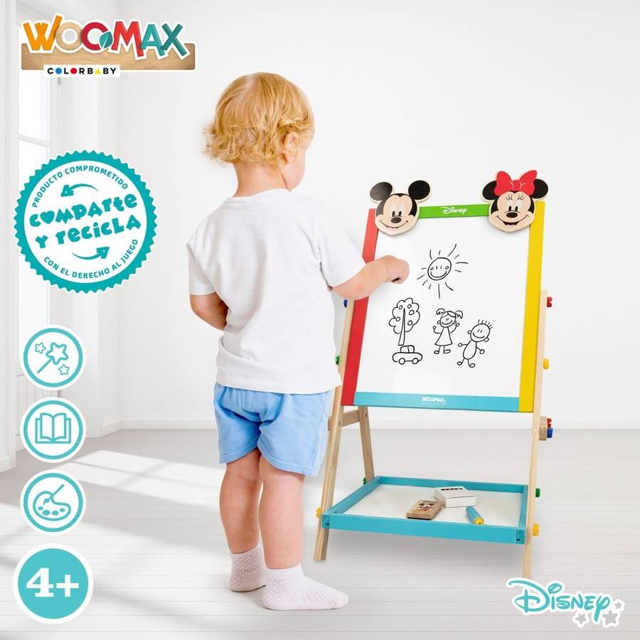 Pizarra Madera Niños minnie y mickey disney mide 375x65 cm doble cara incluye tizas borrador marcador negro de pie para +4 años woomax edad 4 40 31.5 64.5