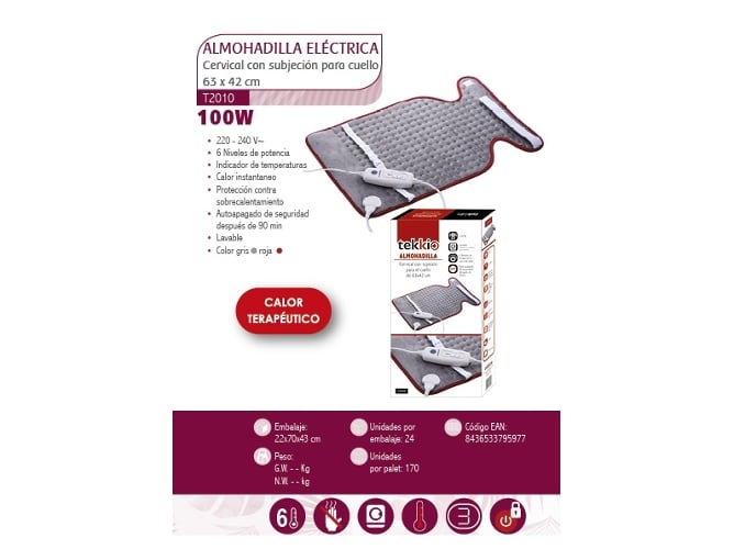 Electrica Avant Home calor cervical 100 w 6 temperaturas tekkio t2010 almohadilla 100w 63x42 cm con niveles de potencia y lavable. especial cuello. indicador