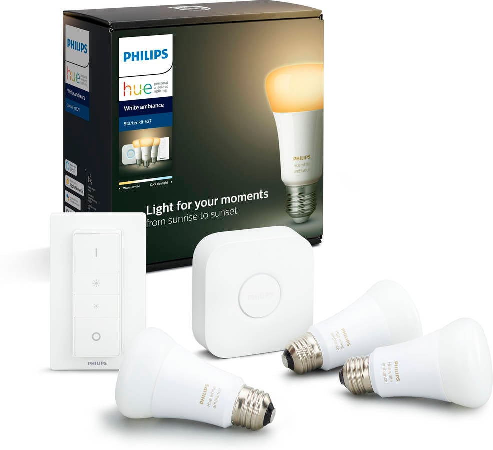 Philips Hue White ambiance kit 3 bombillas led inteligentes e27 8w luz blanca bridge interruptor de iluminación a60 5w comando caliente pack 105w