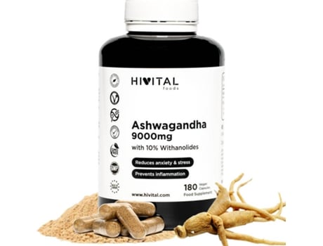 Complemento Alimentar Hivital ashwangandha 180 cápsulas veganas ashwagandha 9000 mg. para 6 meses. extracto de withania somnifera con 10 no ser polvo. ginseng indio reducir