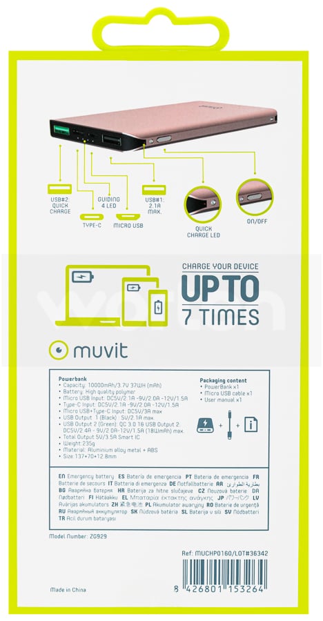 Powerbank MUVIT TP-C PD (10000 mAh - 2 Puertas USB - Micro USB - Rosa)