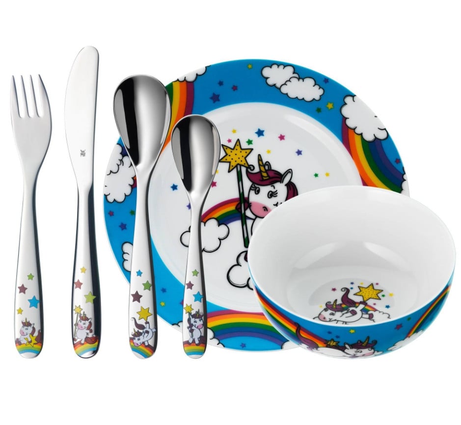 Set Infantil 6 piezas unicornio wmf vajilla para niños incluye plato cuenco y cubertería tenedor cuchillo de mesa juego