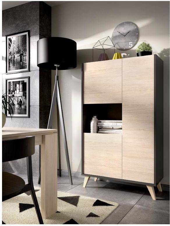 Homekit Aparador Alto 3 puertas 81x135x43 cm armario dkit ness madera y gris modulo tres para salon