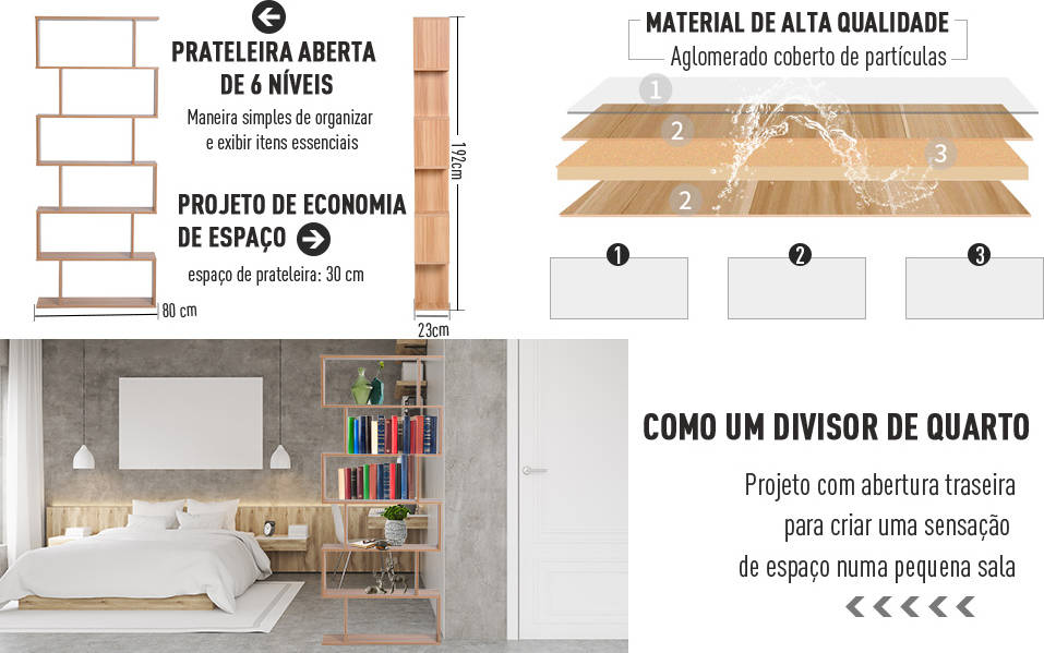 Estantería Librería 6 comedor diseño moderno de pared 80x23x192cm homcom con montaje 80x23x192 natural madera 833382bn 80 23 192