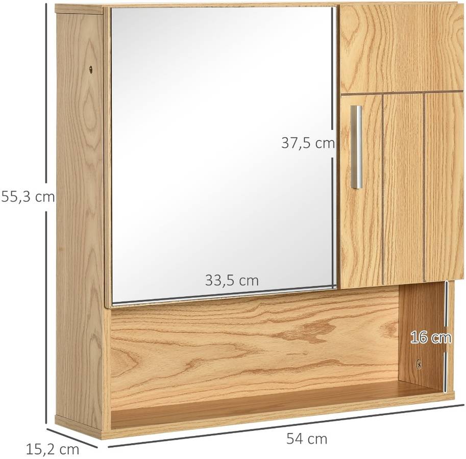 Armario de Baño con Espejo, 2 Puertas Y 2 Estantes KLEANKIN (Madera Natural Y Blanco -54X15.2X55.3 Cm)